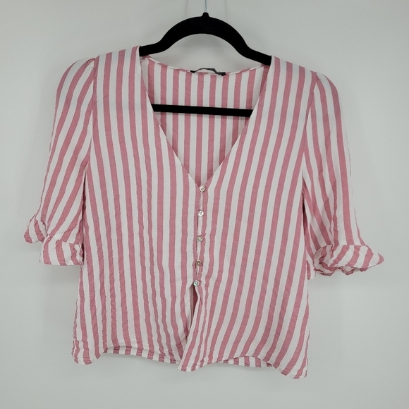 Zara trf collection Womens Striped Ruffled Detail Button Up Blouse Size M - Picture 3 of 12
